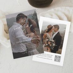 two wedding cards with the same photo on them