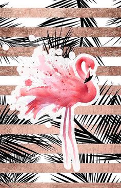 a pink flamingo standing on top of palm leaves in front of a striped background