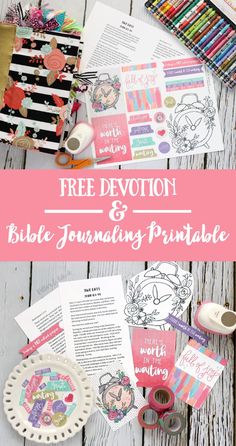 the free printable bible journal and coloring book for kids is shown on a wooden table