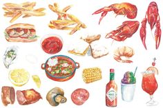 watercolor painting of food including shrimp, corn and potatoes with condiments on white background