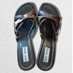 Chunky Heel Brown Leather Metallic Y2K Steve Madden Platform Slides Mules Wedges  | eBay Mini Heels Sandals, 2000s Wedges, 2000s Heels, Metallic Y2k, 90s Sandals, Y2k Sandals, Brown Platform Sandals, Wedged Heel, Y2k Heels