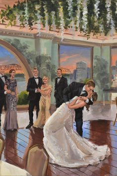 a painting of a bride and groom dancing in front of their guests at a wedding