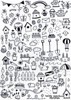 a black and white drawing of many different things