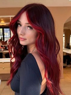 Auburn Red Hair With Money Piece, Dark Red Hair Bright Red Highlights, Red Highlight Hair Color, Halo Hair Color Ideas Red, Colorful Hair Balayage, Ref Hair Color Ideas, Red Hair W Money Piece, Red Hair Color Style Ideas, Red Hair Light Money Piece