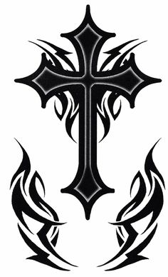 a black and white cross with flames on it