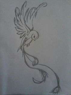 a drawing of a bird with wings on it's back and the tail extended