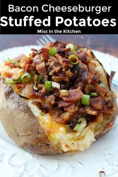 bacon cheeseburger stuffed potatoes on a white plate with text overlay that reads, bacon cheeseburger stuffed potatoes miss in the kitchen