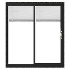 an open sliding glass door with blinds on the top and bottom windows in black, isolated against a white background