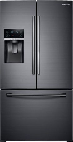 a stainless steel refrigerator with the door open and water dispenser in front