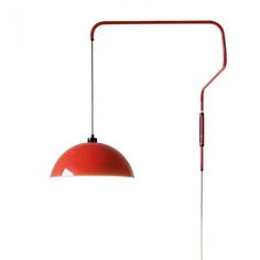 a red lamp with a long arm on a white background and an orange light hanging from the ceiling