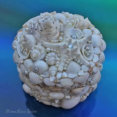 a white shell covered in pearls and other sea shells on a blue surface with a green background