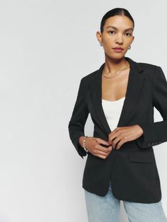 Women's New Clothing | Reformation Denim Jacket With Jeans, Fitted Blazer Jacket, Lightweight Blazer, Denim Chic, Fall Fashion Trends, Fall 2024