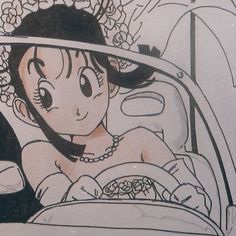 a drawing of a woman sitting in a car with flowers on her head and hair