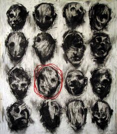 a drawing with black and red lines on it, surrounded by many different faces in various shapes