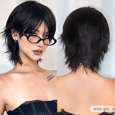 🌟 Short Mullet Head Wigs with Bangs - Synthetic Straight Women Black Short Hair Wig. Perfect for daily wear, parties, and cosplay, this stylish black mullet wig offers a trendy and edgy look. ✨ This synthetic wig features a short mullet cut with bangs, providing a unique and fashionable hairstyle. Its straight texture and black color make it versatile for various occasions, ensuring you stand out with confidence and style. 💖 Whether for a casual day out or a special event, this wig adds a touc Short Woman Hairstyle, Haruhi Fujioka Haircut, Double Braid Bun, Spikey Hairstyles Y2k, Women Mullets, Short Hair With Straight Bangs, Mullet Women Straight Hair, Short Pigtail Hairstyles, Fairy Haircut Short