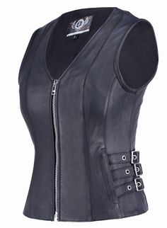 PRICES MAY VARY. PREMIUM GRADE LEATHER: Durable Top Grain Cow Leather, 0.9 - 1.1 mm Thick Outer Shell FITTED STYLING: A fitted style, with three side belts on each side, allow for custom fit on the waist and hip. Zig Zag stitching on the front and back princess seams OUTSIDE POCKETS: This riding vest has two outside zippered pockets. TOP GRADE HARDWARE: This vest uses High end fashion hardware to go with the styling and excellent quality of this Motorcycle Riding Vest GREAT QUALITY WOMEN'S MOTORCYCLE RIDING LEATHER VEST: Neat stitching, Quality Leather, Stylish Hardware, Robust Perforated Lining and Fitted Style makes this a Great Ladies Biker's Vest, offers exceptional value This Women's Motorcycle Riding Vest offers a fitted styling, with a little past your waist length. The leather is P Leather Vest For Women, Fitted Black Biker Jacket With Metal Zipper, Black Biker Jacket With Metal Zipper, Motorcycle Gear For Women, Female Bikers, Womens Motorcycle Fashion, Fashion Hardware, Motorcycle Leather Vest, Riding Vest