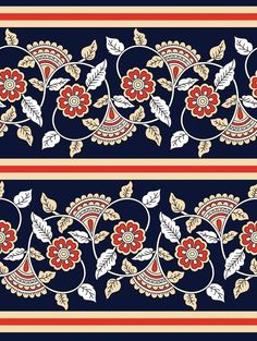 an art nouveau design with flowers and leaves in blue, red and gold colors on a striped background