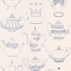 teapots and cups are drawn in blue ink on white paper, each with different designs