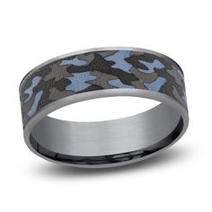 a wedding band with blue camo inlay