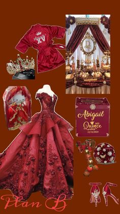 a collage of red and gold items including a dress, tiara, necklaces