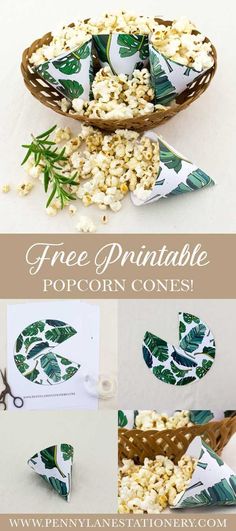 a bowl filled with popcorn covered in green leaves and cut outs to make them look like they