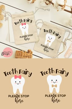 two tooth fairy bags with the words tooth fairy on them, and an image of a tooth