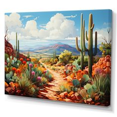 a painting of a desert scene with cactus trees