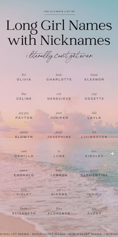 long girl names with nicknames on the beach in front of an ocean sunset