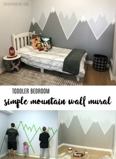 two photos with mountains painted on the wall and children's room in the background