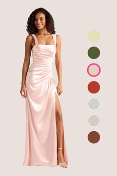 a woman in a long pink dress standing next to a color swat list with different colors