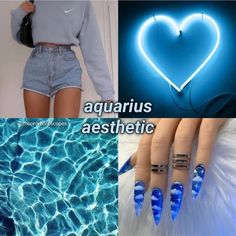 there are four different pictures with blue nail polishes on them and one has an aquarius aesthetic ring