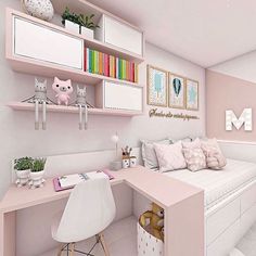 a bedroom with pink walls, white furniture and shelves filled with books on top of them