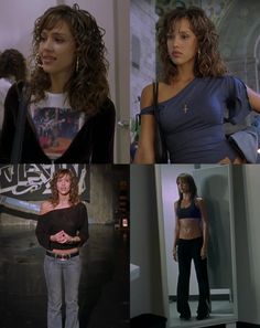 four different pictures of women in jeans and one is wearing an off the shoulder top