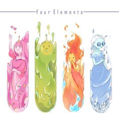 four different colored cartoon characters with the words four elements