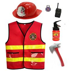 a red fireman's vest, helmet and tools are shown in this image