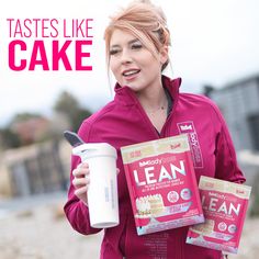 a woman holding two bags of lean proteins and a cup of coffee with the caption, tastes like cake