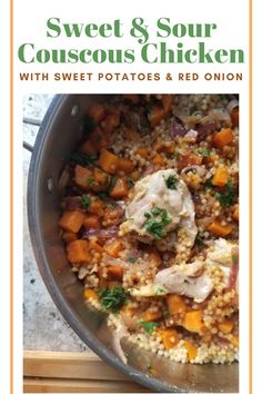 sweet and sour couscous chicken with sweet potatoes and red onion in a skillet