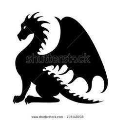 black and white silhouette of a dragon sitting on its hind legs, with wings spread out