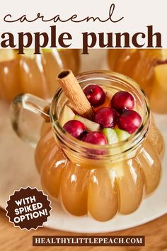 a pumpkin glass filled with Caramel Apple Punch and garnished with a cinnamon stick, apple chunks and cranberries Carmel Apple Punch Non Alcoholic, Fall Punch Recipes Non Alcoholic, Caramel Apple Punch, Spiked Punch Recipes, Disney Meals, Healthy Little Peach, Apple Punch, Fall Apple Cider