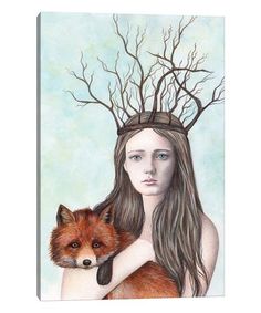 a painting of a woman holding a fox with trees on her head in the background