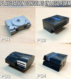 four different types of video game consoles in lego form and ps1, ps2, ps4