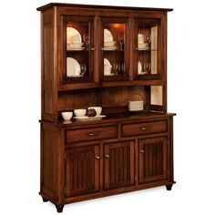 a wooden china cabinet with glass doors and drawers on the top, in front of a white background