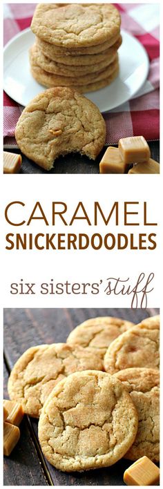 some cookies are stacked on top of each other with the words caramel snickkerdoodles next to them