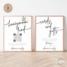 two wedding cards with handwritten text on them, one is for honeymoon and the other is for gifts