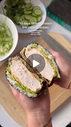 a person holding a sandwich in their hand with the words 10 days of thin protein low calorizing recipes