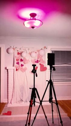 a tripod is set up in front of a wall with balloons and hearts on it