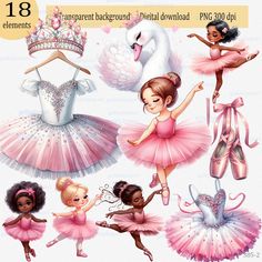 barbie ballerinas clipart set with pink tutu skirts and tiara, swan dress