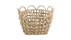 a woven basket with handles on a white background