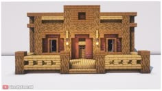 an image of a house made out of wood and bricks with the front door open