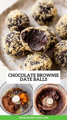 chocolate brownie date balls in a food processor with ingredients to make them taste delicious